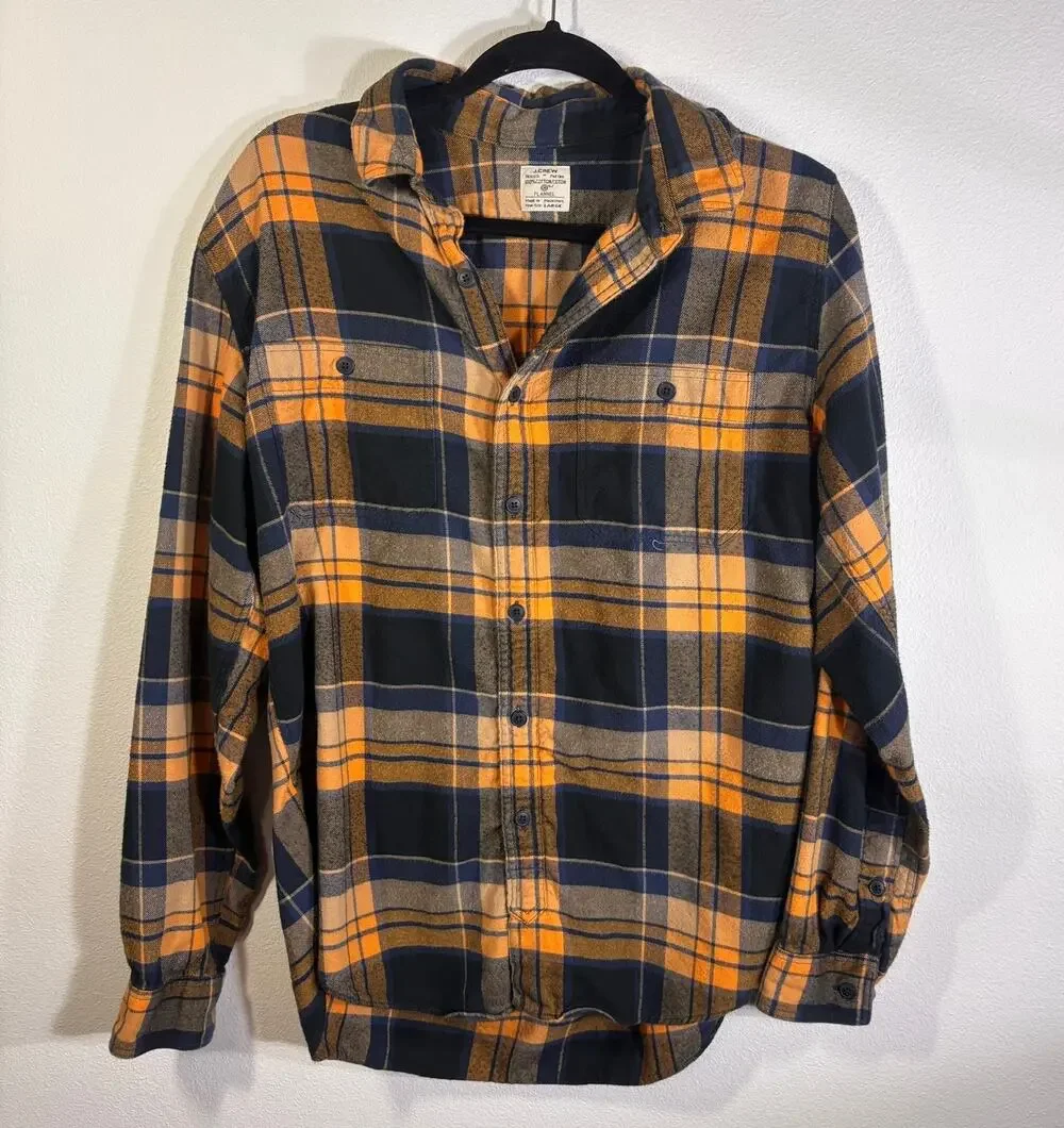J.Crew Plaid Flannel Shirt Large Blue Orange Cotton Button Up